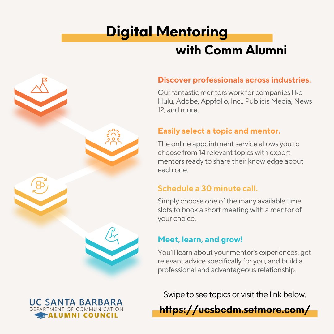 CommUcsb's tweet photo. Did you know that the Dept. of Communication Alumni Council has a Digital Mentoring Program? It's super easy to choose a topic & 30 min slot to get advice and inspiration from one of our many talented & knowledgeable alumni mentors. #UCSBComm #UCSBAlumni https://t.co/AZIOAgB2JY