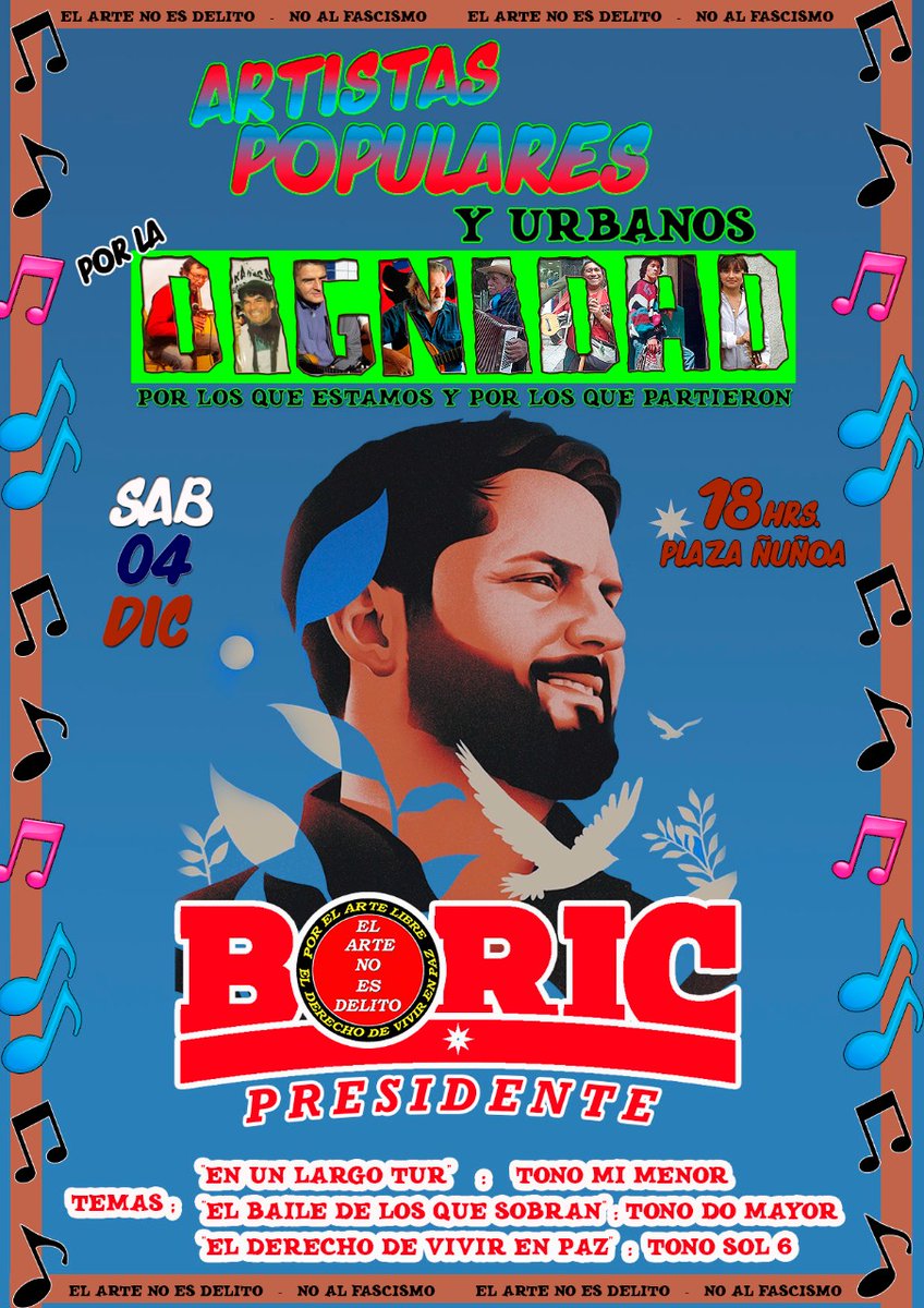 ulloa_toro's tweet photo. @fans_Qro_Mon  las y los artistas de la calle y transporte urbano se reúnen este sábado 4 de diciembre a las 18 horas, en Plaza Ñuñoa. Trae tu instrumento musical y toquemos por #BoricPresidente decimos si a los avances y no a los retrocesos. https://t.co/BOjbv8HALj