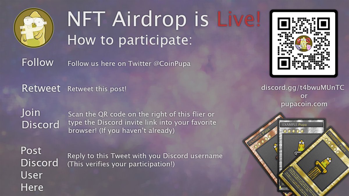 Welcome all to the first ever #PupaCoin NFT Air-Drop!

Participation is free (view posted picture) but remember, these are limited edition NFTs, get them while available!

Gold-250
Silver-500
Bronze-1000

<a href="/DefiBurglar/">î♥TÃ©☼ | g420.sol soon g420.esp</a> <a href="/solaropposites/">Solar Opposites</a> <a href="/hulu/">Hulu</a> <a href="/StfuOwned/">K9sBeSnitchin</a> <a href="/DjuricaStankov/">Djurica</a> <a href="/uunigate/">uunigate</a>