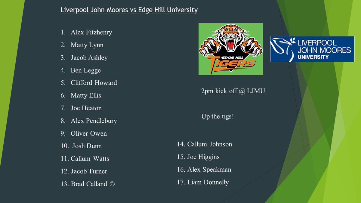Team news for tomorrow’s clash with Liverpool John Moores. Huge game for both teams after a closely fought battle last time we played. 
Up the tigs 🐯💚