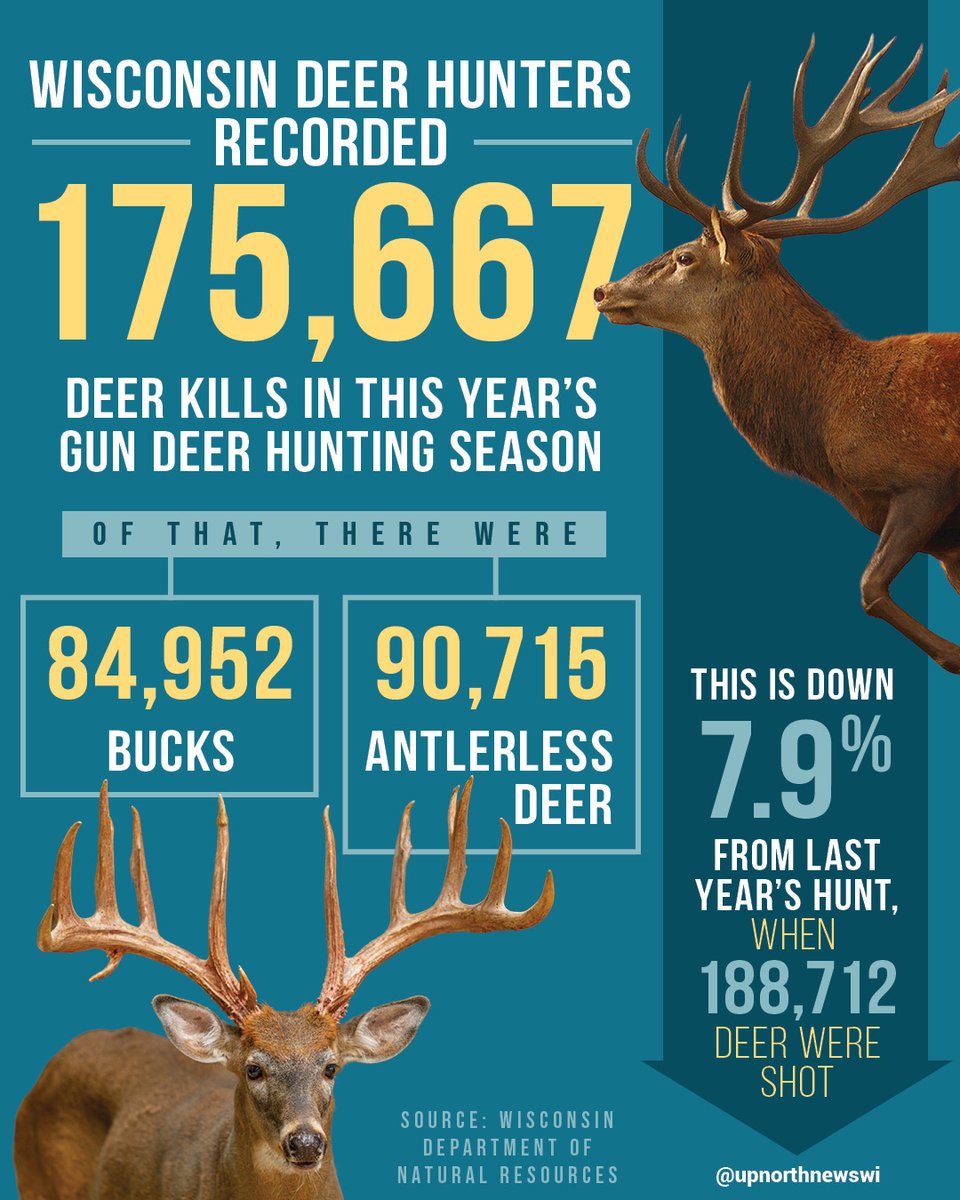 UpNorthNewsWI's tweet photo. The @WDNR released totals from this year's gun deer hunt today.

Hunters harvested about 13,000 fewer deer this year than last year. https://t.co/Bh5ifmE1Q0