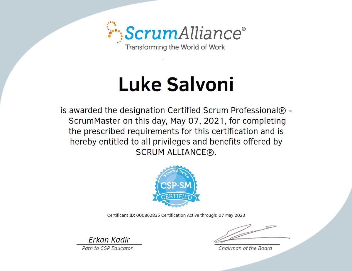 lsalvoni's tweet image. Earlier this year I completed the Certified Scrum Professional - Scrum Master (CSP-SM) certification with @ErkanCalgary &amp;amp; @brockargue - such fantastic coaches with the @ScrumAlliance 🙌🏻 #scrummaster #scrum #cspsm