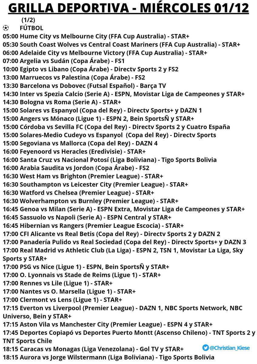Christian_Kiese's tweet photo. Grilla Deportiva - Miércoles 01/12
⚽ 52 partidos
🎾 #CopaDavis
🏀 #NCAA #BasketCol #NBA
📺 @tvboxpy https://t.co/Dh31u6ISDe