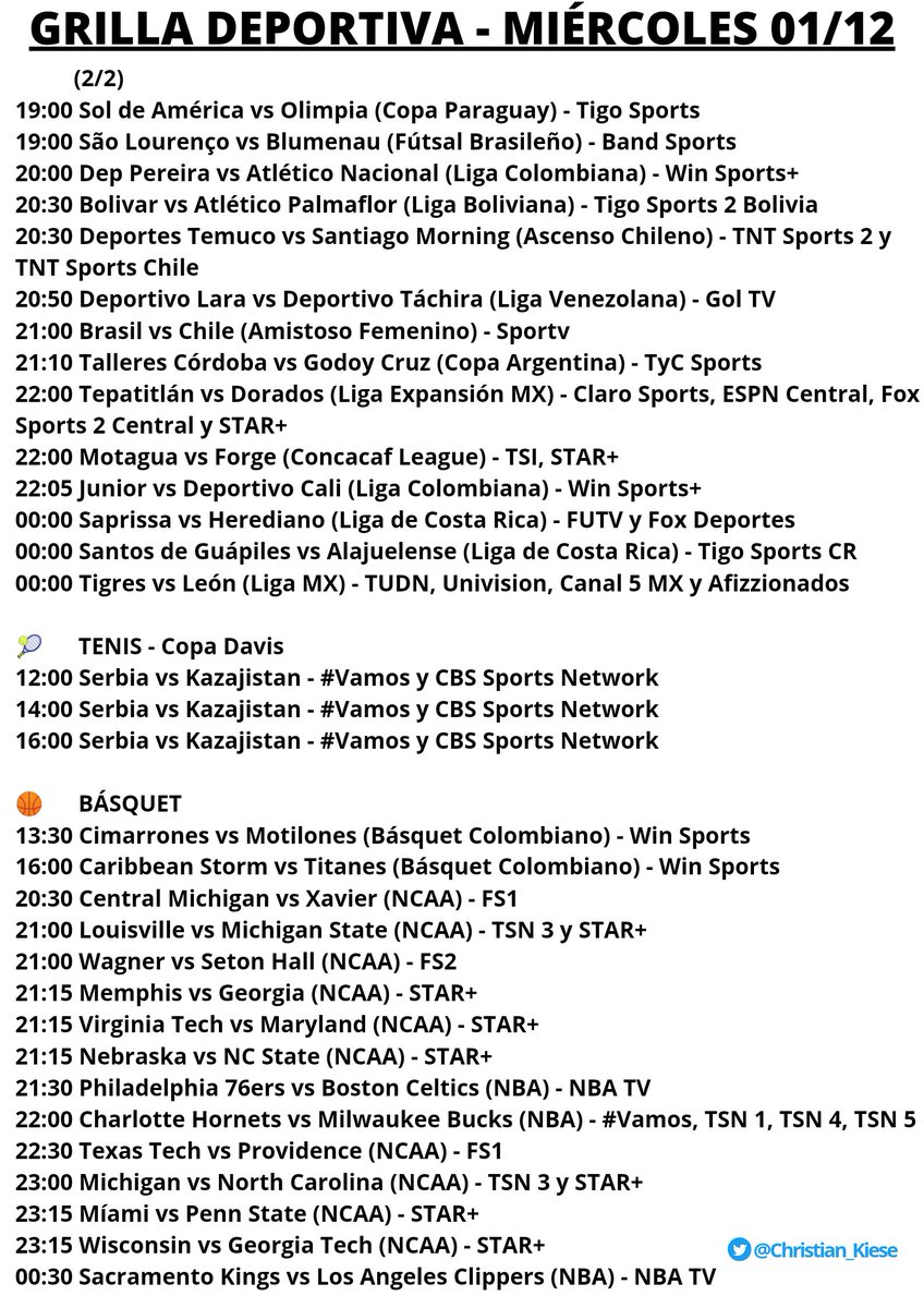 Christian_Kiese's tweet photo. Grilla Deportiva - Miércoles 01/12
⚽ 52 partidos
🎾 #CopaDavis
🏀 #NCAA #BasketCol #NBA
📺 @tvboxpy https://t.co/Dh31u6ISDe