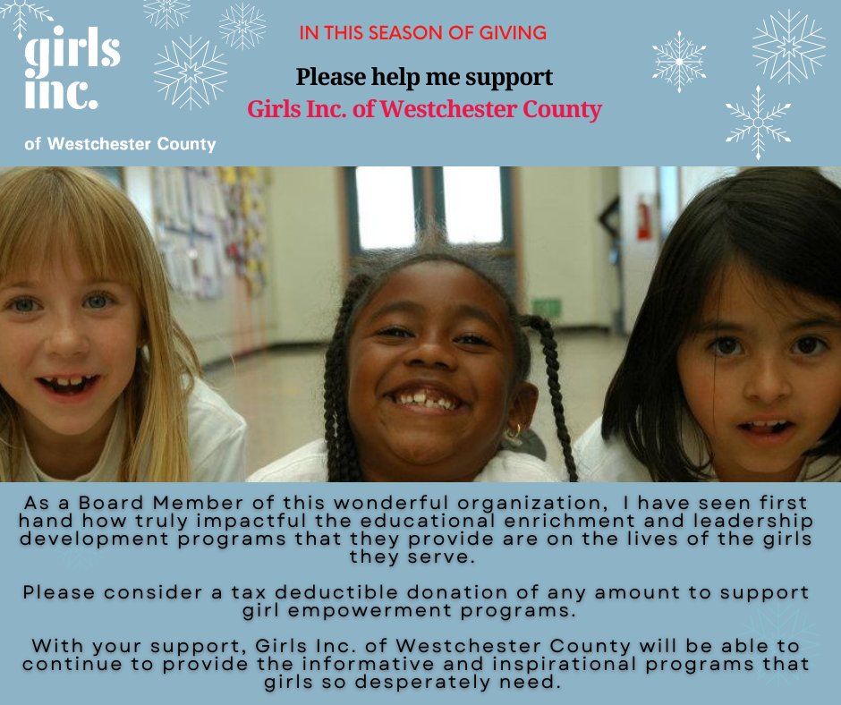 jmbuis's tweet photo. So proud of the work Girls Inc. Westchester County does  to inspire all girls to be strong, smart and bold and empower them to grow into healthy, educated and independent adults.  Help us help them.  Any size donation makes a difference.  https://t.co/SSqb9jo4ux   #GivingTuesday https://t.co/fEZvDNDfeU
