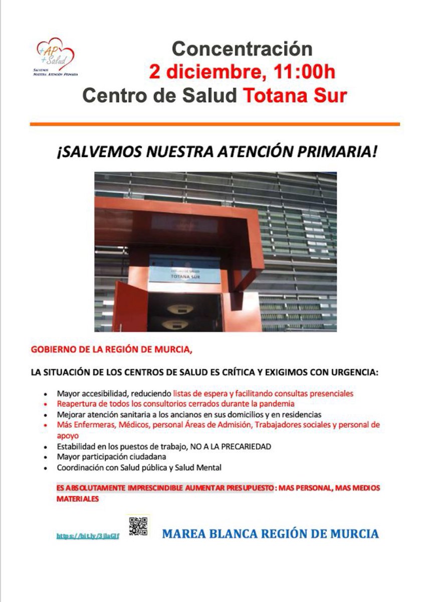 ¡¡Vamos !! Siguen las concentraciones en los centros de salud por  la #AtencionPrimaria . La próxima en <a href="/CS_TotanaSur/">CS Totana Sur</a> el jueves 2 de diciembre a las 11:00. #salvemoslaprimaria  <a href="/AyuntTOTANA/">TOTANA AYUNTAMIENTO</a> #Totana