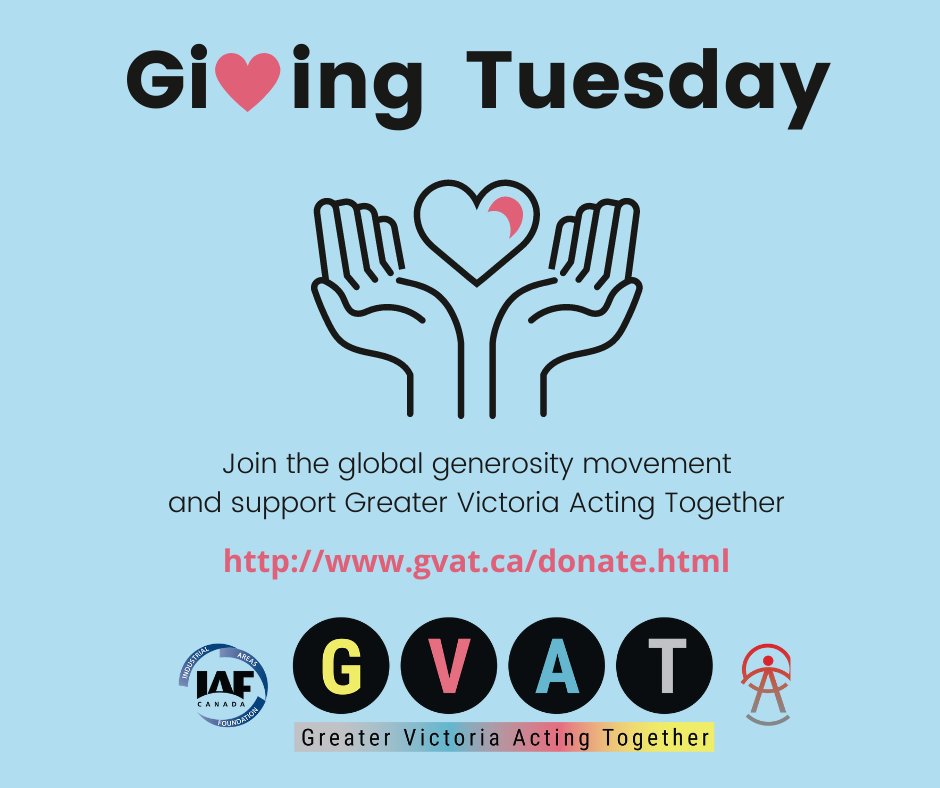 It is #GivingTuesday today! ❤ 

Help GVAT achieve our goals of a healthier, stronger, and more equitable future by donating today!

 Donate at: gvat.ca/donate.html

#givingtuesday #givingtuesday2021
#nonprofit  #philanthropy #victoriabc #yyj #givingtuesdaycanada