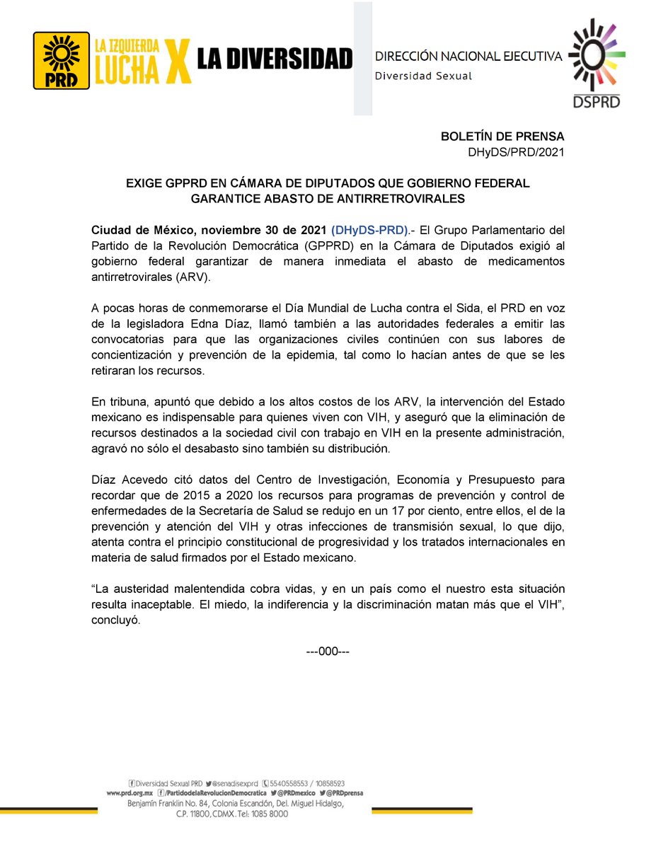 senadisexprd's tweet photo. #DiaMundialdelSIDA  | El @GPPRDmx en la Cámara de Diputados exigió al gobierno federal garantizar de manera inmediata el abasto de medicamentos #antirretrovirales. #1deDiciembre #VIH #DiaMundialDeLaLuchaContraElSIDA 👇🎀👇🎀🎀 https://t.co/AfUzRLRSCz