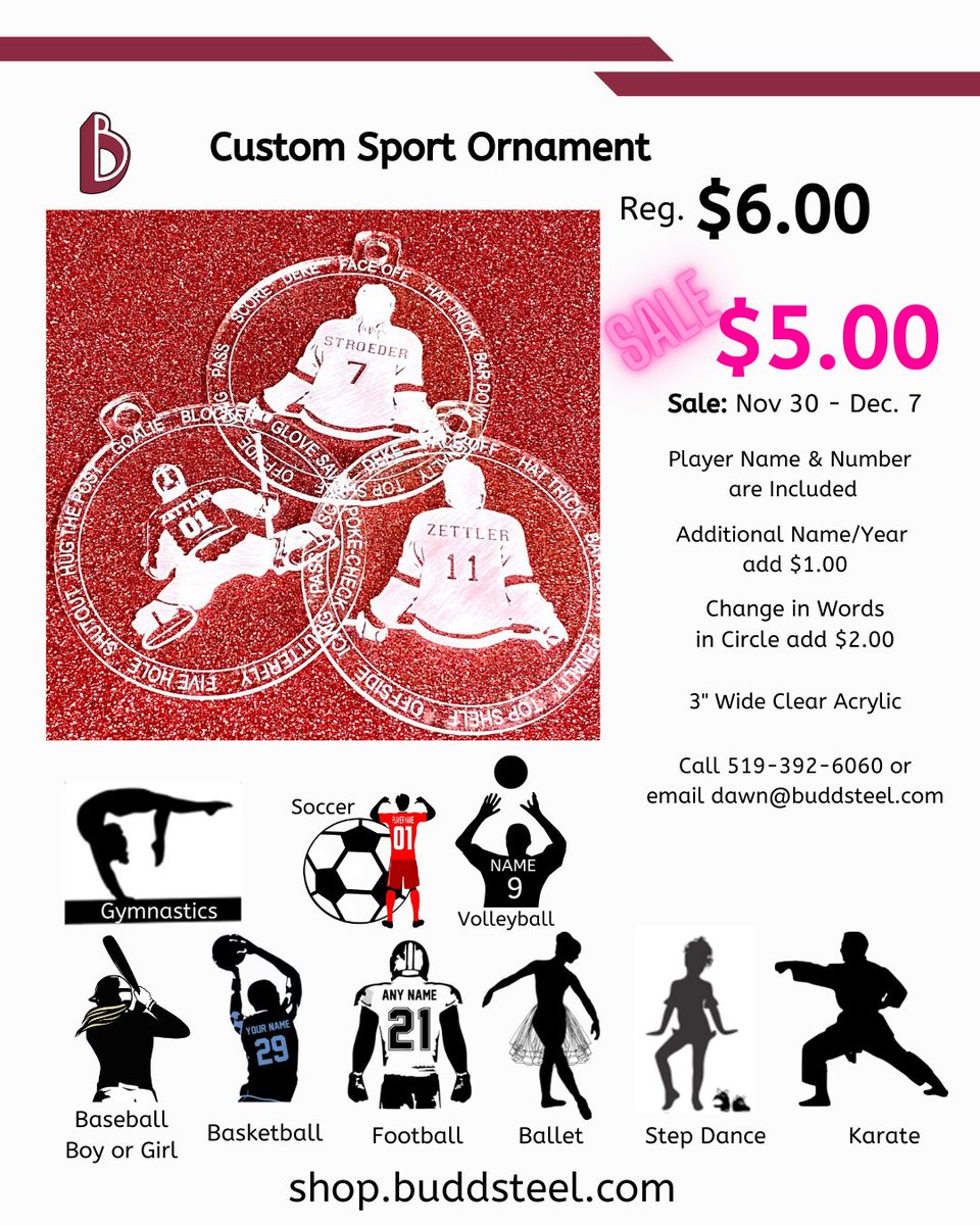 Custom Ornaments for your favourite athlete or dancer! 
ON SALE NOW until DEC 7 for $5.00
then only $6.00!