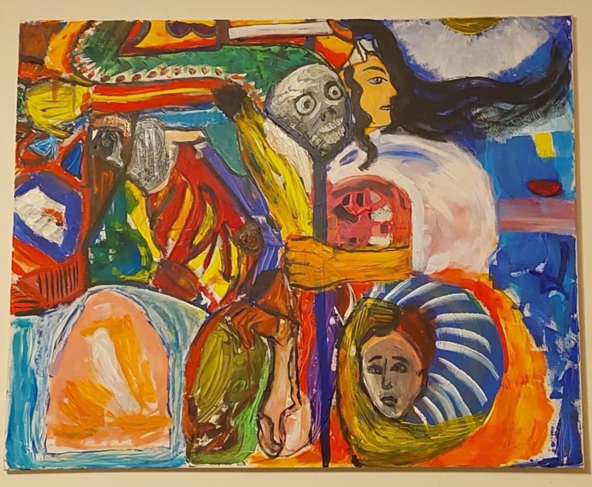 Augmented9's tweet image. Somaye Fasihi- Self-taught Afghan refugee living and working in Sweden. No idea what this painting is about, but I assume she’s seen some shit.