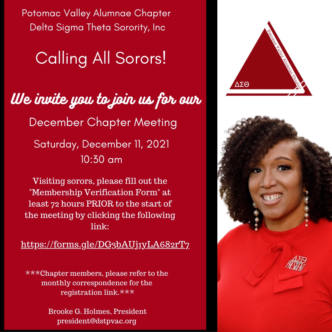 DSTPVAC's tweet image. I said my sorors!!!! Join us for our December chapter meeting. Click the following link to access the &quot;Membership Verification Form&quot;: forms.gle/tS7zgD98a4YH1Y….

#PVACMDDeltas #PVACMD #PVAC1985 #DST108 #DST1913 #OutOfManyOnePVAC