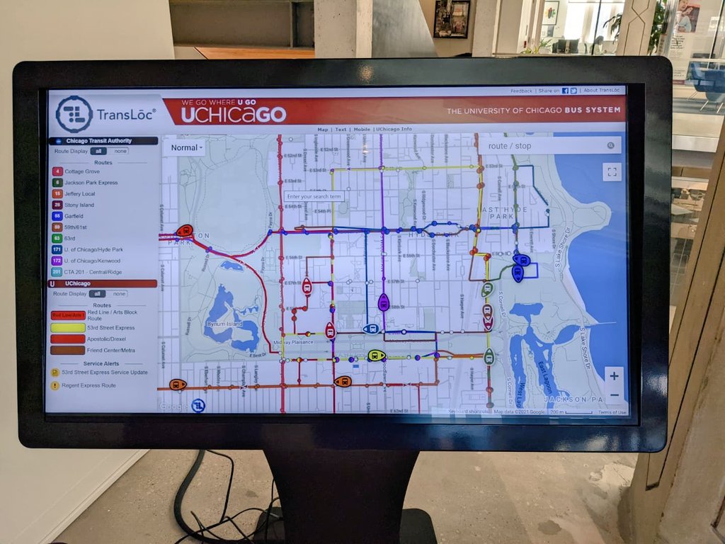 HSG_UChicago's tweet photo. HSG is excited to announce that with the help of Facilities &amp; the @HarrisPolicy leadership, the Keller Center will now host a 24x7 display stream of live locations of @UChicago shuttles &amp; @cta buses that stop at Keller &amp; through the campus on the TV near @HarrisPolicy entrance https://t.co/glCunYfUzG