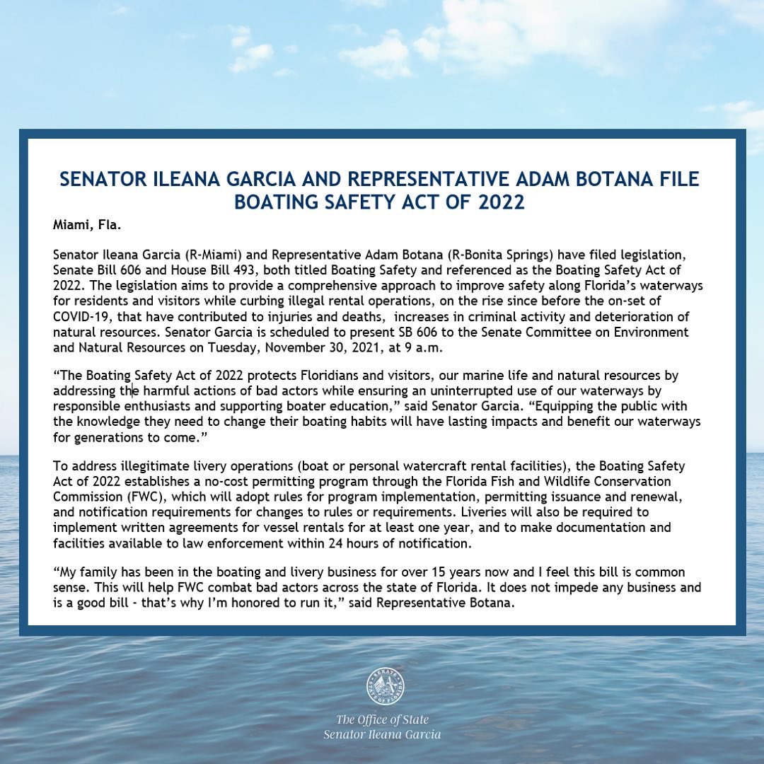 IleanaGarciaUSA's tweet photo. The #BoatingSafetyAct of 2022 helps ensure #Florida’s waterways are safe and our natural resources are preserved. Read the complete press release here: https://t.co/jf8CrRacAv https://t.co/PdCJ3LNVVz