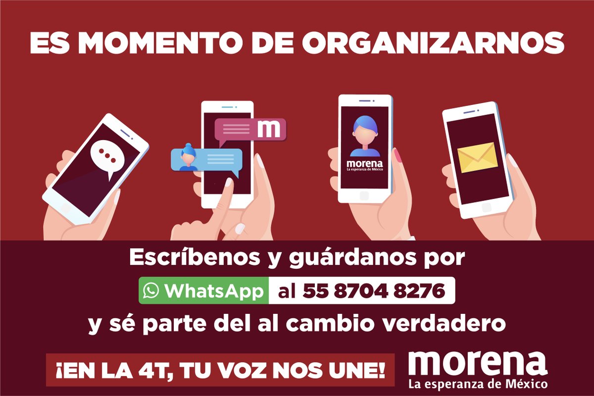 PartidoMorenaMx's tweet photo. ¡Súmate a nuestro canal de #WhatsApp para defender la #CuartaTransformación!

1. Da clic aquí: 👉🏾 https://t.co/DWQtl4Bj2N

2. Envíanos un mensaje y guarda el contacto de morena en tu teléfono. https://t.co/sUjnb2Hrdg