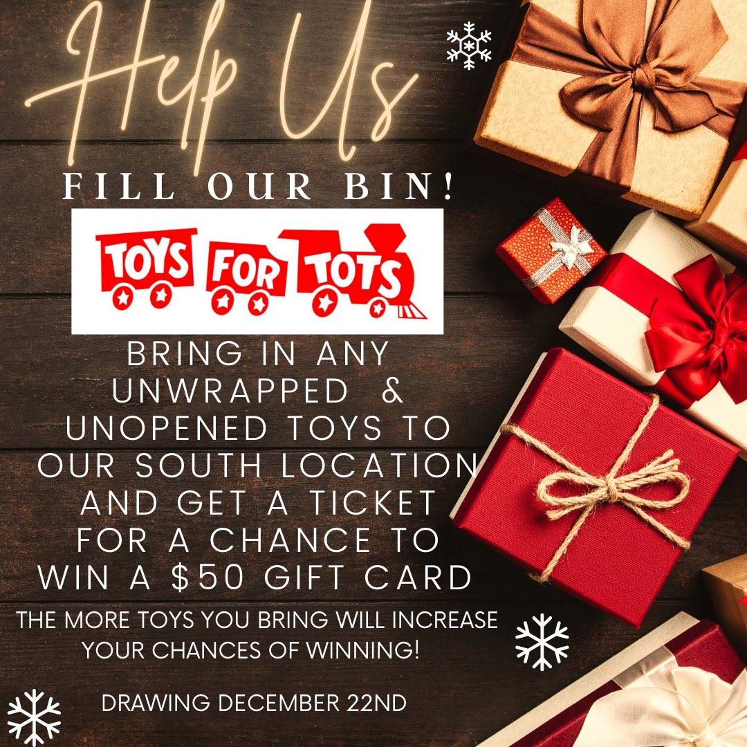 BinkiesPubs's tweet photo. You give, we give! 🎁 We want to fill our Toys for Tots bin this year and we hope you can help! For every unwrapped, unopened toy you bring to help fill our bin at our SOUTH PUB, your name will go into a drawing for a $50 gift card. Show one of our staff members to get entered! https://t.co/gpGSJh4lYE