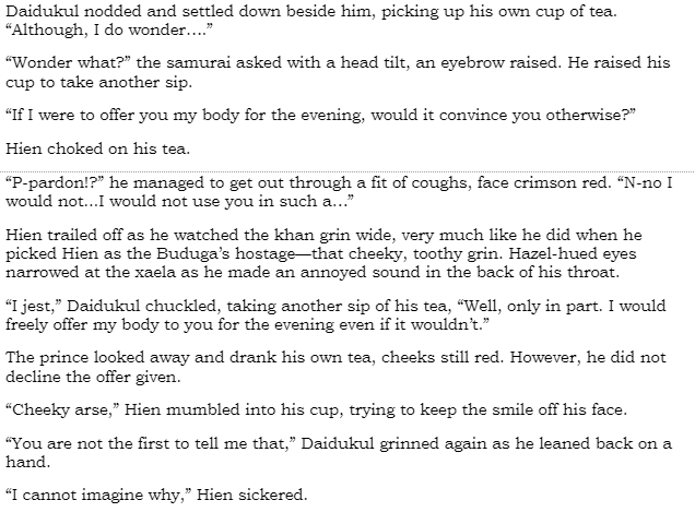 ChaoticStrata's tweet photo. Here's a preview of what I'm working on. This is a Hien/Daidukul fic I'm currently working on. =3
Not sure if I'll continue to do this, but since I can't show off mad art skills, this will have to work. โค๏ธ
#FinalFantasyXIV #writing #fanfic #hien #daidukul https://t.co/ke7wb9aYnr