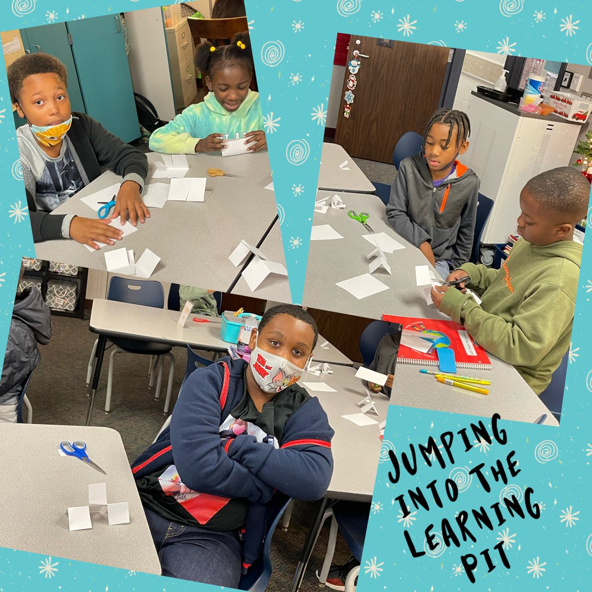 LGraham0912's tweet photo. Today my 4th graders jumped into The Learning Pit. We started with the paper folding challenge! They worked together to problem solve. At the end, not all were successful and we talked about it was about the learning! Proud teacher! #JFEWeRAmazing @HumbleElemMath @HumbleISD_JFE https://t.co/y6NvKqMtlW