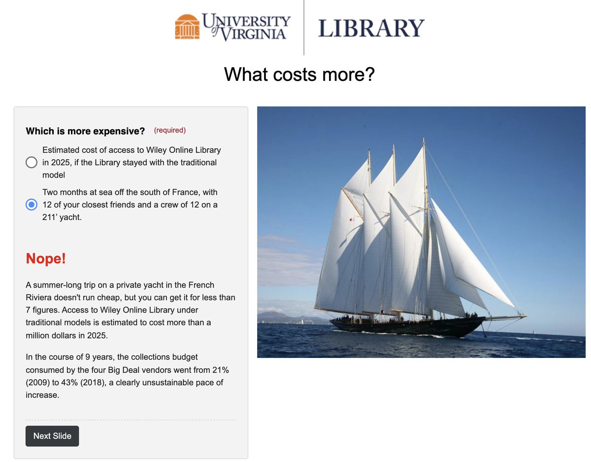 researchremix's tweet photo. This is amazing.

Seven questions, answer the quiz yourself here:
https://t.co/5Y56eKCZgE

Great job @UVALibrary!  Love it.

#scholcomm #BigDeal @unsub_org https://t.co/rSsiqnpyfV