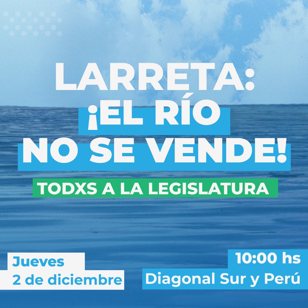 NEcomuna3's tweet photo. El Río No Se Vende 

Este jueves se pretende aprobar en la Legislatura el paquete de convenios urbanísticos impulsado por Larreta.

Organizaciones, partidos políticos y ciudadanes en gral convocan a marchar a la Legislatura, a las 10 hs.

Nota completa 👇

https://t.co/K4btWMDAK3 https://t.co/hNKFwC72pf