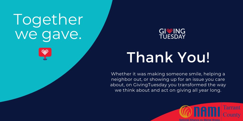 We want to say thanks to everyone that gives back to mental health in Tarrant County! From our Sponsors, to our members that participate in our programs &amp; groups, to our volunteers that help out &amp; to all the hospitals that partner up with us. #GivingTuesday #mentalhealthmatters
