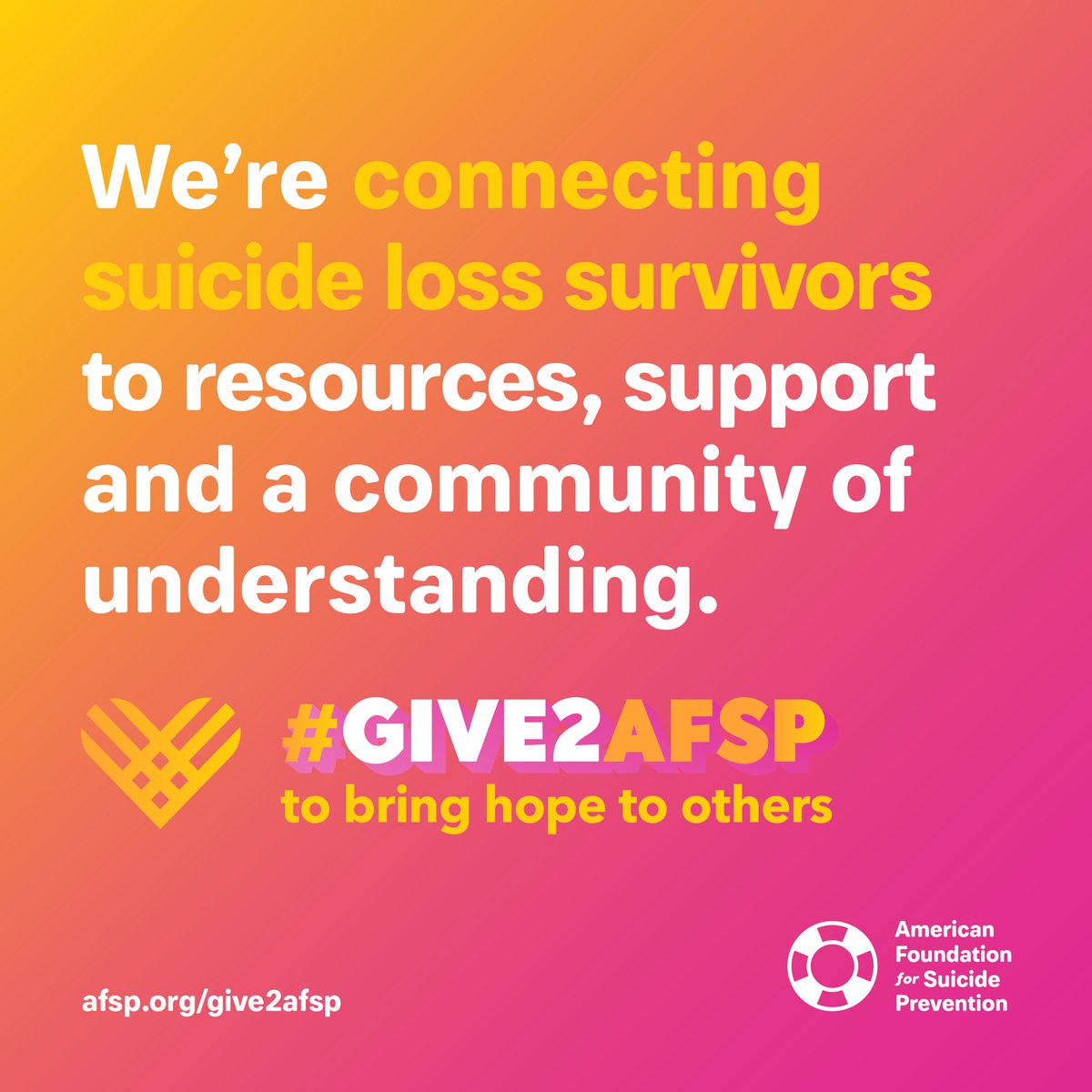 afspnational's tweet photo. We’re here to help those on their healing journey after losing a loved one to suicide. Our mission focuses on saving lives AND bringing hope to those affected by suicide. 

#Give2AFSP for #GivingTuesday: https://t.co/RIOVQ0B4LT https://t.co/UL0wrh9Jze