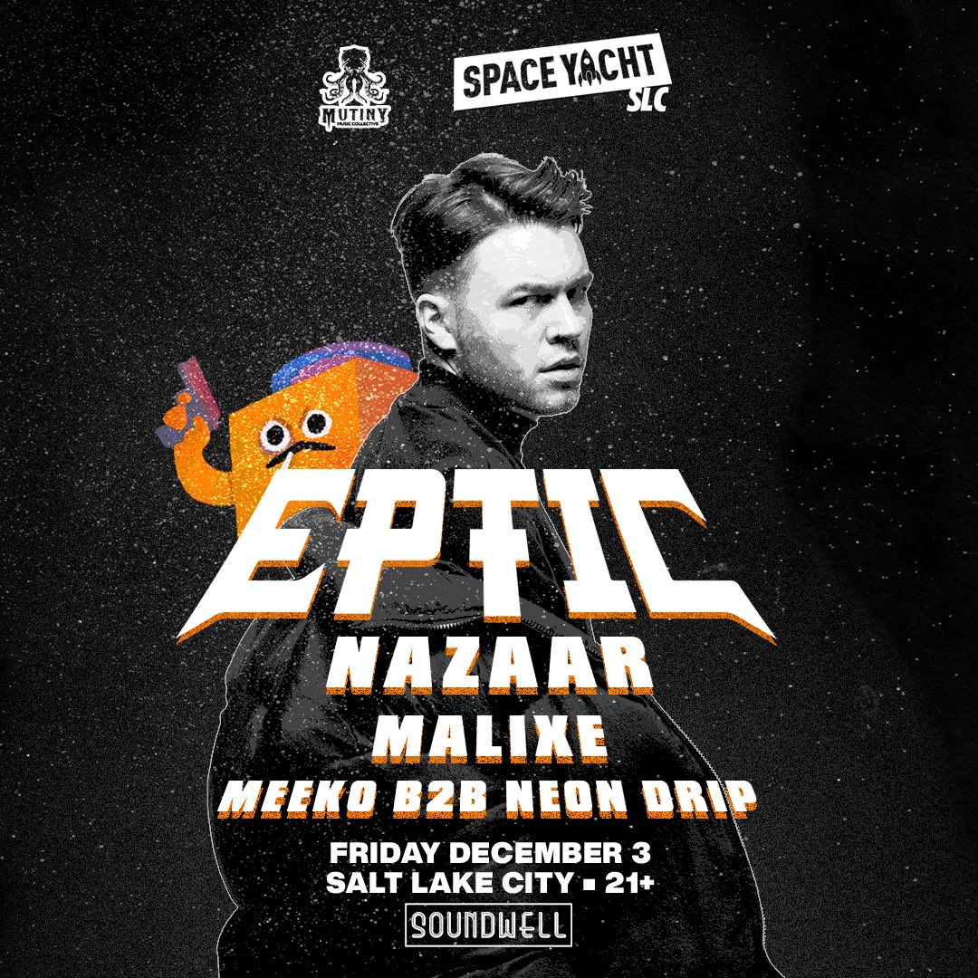 mutinymusiccltv's tweet photo. AYO WHAT A FUCKING LINEUP 😮‍💨😮‍💨

Guys, we’ve been waiting MONTHS for this show and it’s going down THIS FRIDAY. 

Let’s show Eptic and gang how we do things in Salt Lake 🦑🦑🦑 https://t.co/kgZ6uPDkYJ