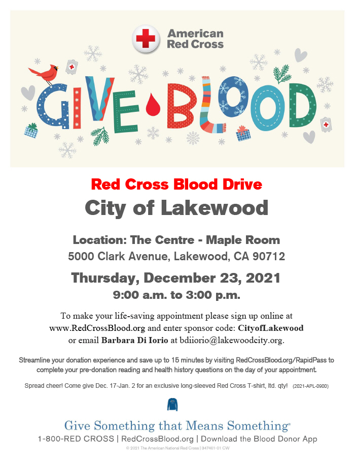 The City of Lakewood will hold an American Red Cross Blood Drive on Thursday, December 23rd from 9am-3pm at The Centre for anyone able to donate blood to help fill the need during winter months. Visit bit.ly/lakewoodcitybl… to schedule an appointment.