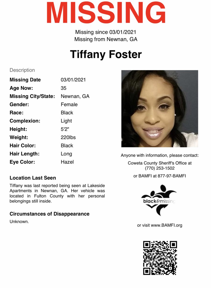 BAM_FI's tweet photo. #Newnan, GA: Tiffany Nicole Foster, 35, has been missing since March 1.
She was last seen leaving her home at 2800 Lakeside Way in Newnan.
#HelpUsFindTiffany #TiffanyFoster https://t.co/NowLPu9EDW