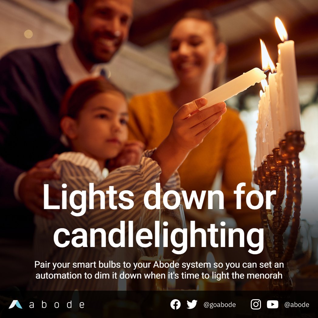 goabode's tweet photo. Sync your smart bulbs with Abode so you can create an automation that dims the lights down when itโs time to light the menorah during your familyโs observance of Hanukkah. Learn more: https://t.co/ULIMUMDKUp
#HappyHanukkah #GoAbode https://t.co/pvfRuSLJgp