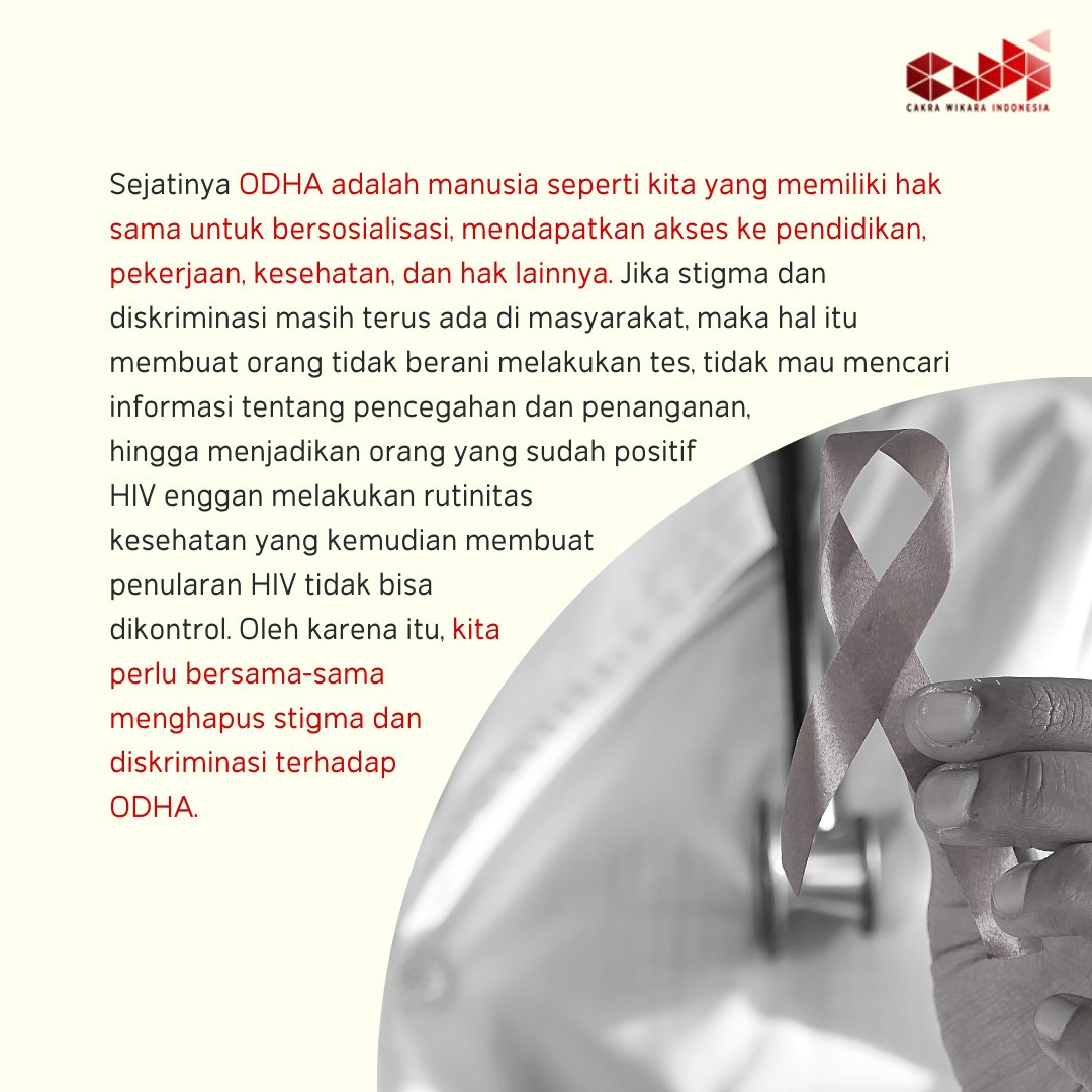 CakraWikara's tweet photo. Sejatinya ODHA adalah manusia seperti kita yang memiliki hak sama untuk bersosialisasi, mendapatkan akses ke pendidikan, pekerjaan, kesehatan, dan hak lainnya. Mari kita hapus stigma dan diskriminasi terhadap ODHA!
#16HAKtP #16HAKtP2021 #ODHA #HIVAIDS #StigmaODHA #EliteNetflix https://t.co/coJS11ecDK