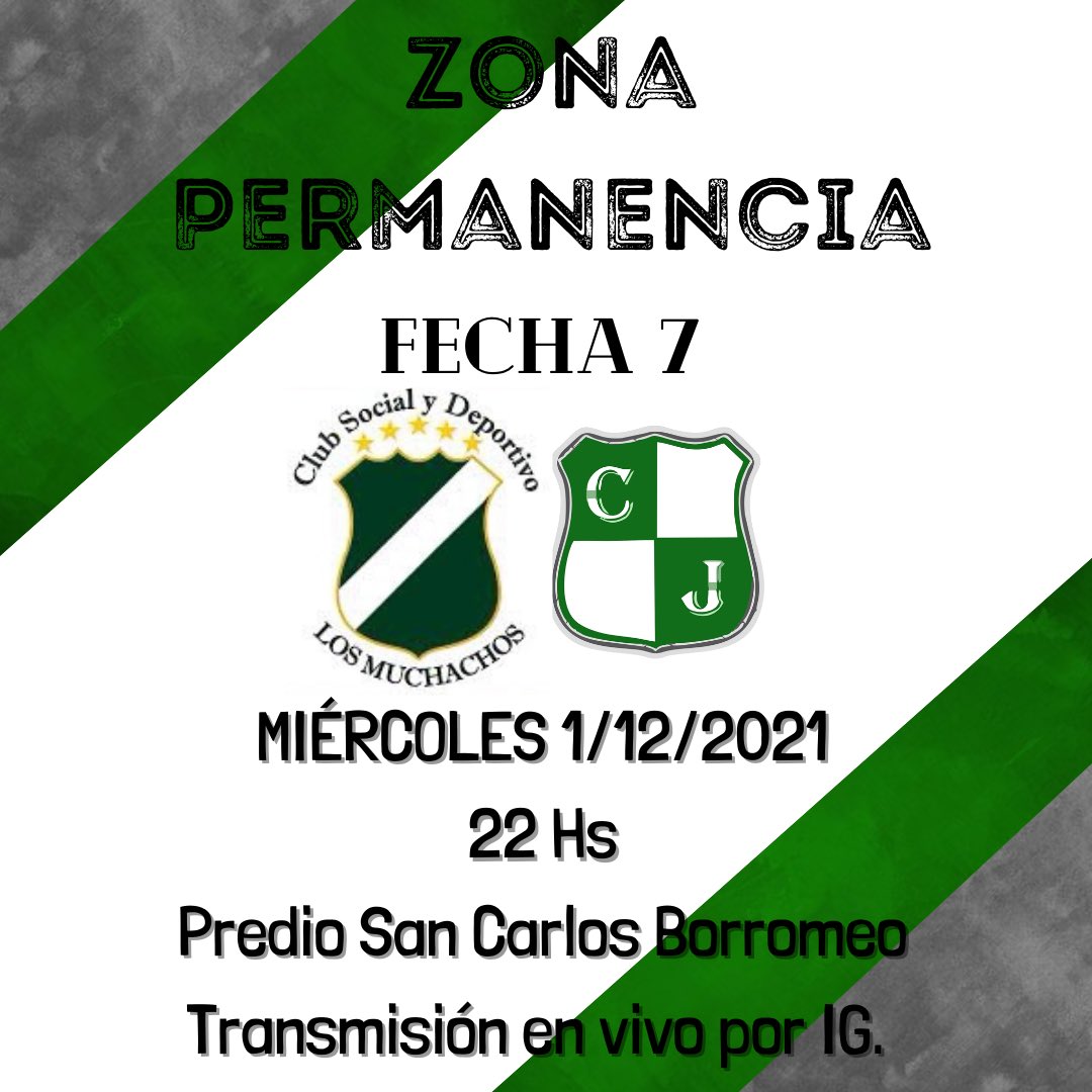 ❇️ZONA PERMANENCIA.
✔️Fecha 7 vs #LosMuchachos  
🔸Miércoles 1/12/21.
🔸22 Hs. 
🔸Predio San Carlos Borromeo.
🔸Una final más, juntos y unidos como siempre! Los esperamos 👏🏼🌟🤞🏼
🔸Se transmitirá en vivo por #IGLive. 

#SomosJuvencia 🇳🇬