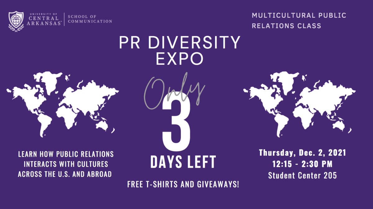 gypsynobles's tweet photo. PR Diversity Expo is 3 days away! Come and see how public relations affects cultures around the world. You’ll also receive a free T-shirt and be entered for a chance to win all sorts of gift cards and prizes courtesy of local businesses here in Conway! #PRdiversity #PRLS4312 https://t.co/8D14eupwKn