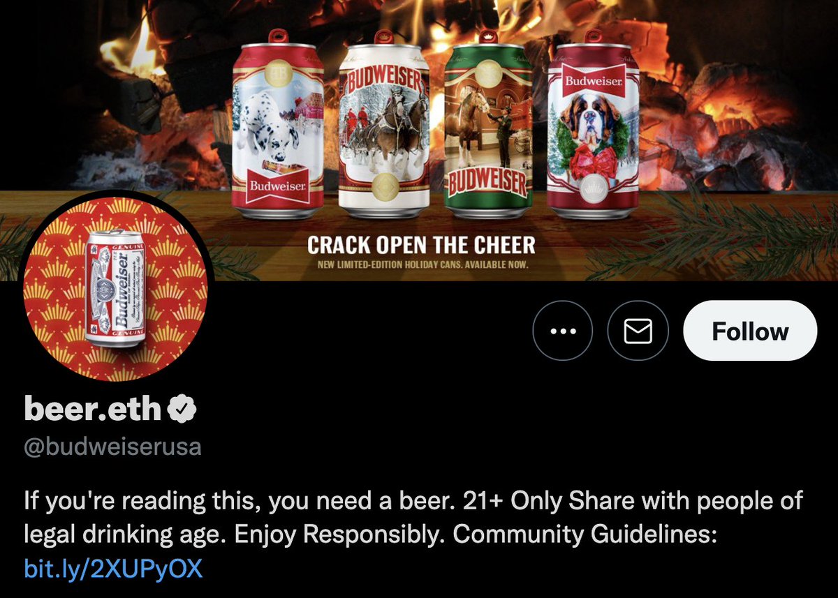 Budweiser, one of the world's biggest beer companies just changed their profile name to beer.eth 

What universe am I living in??? 

This is crazy! 
#crypto #ethereum