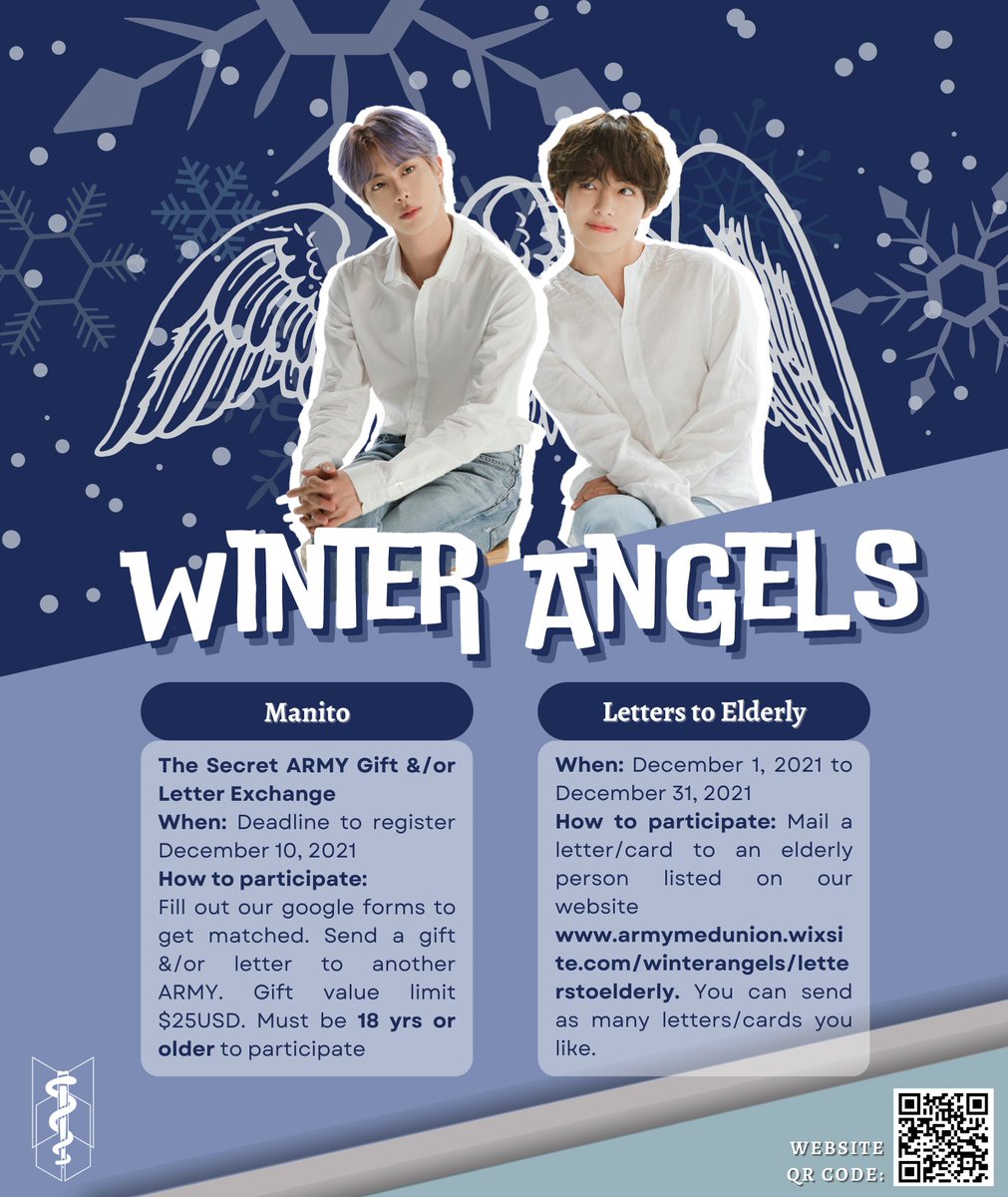 armymedunion's tweet photo. To celebrate @BTS_twt Jinโs & Vโs birthday, we present Winter Angels โ Be someoneโs #ARMYangels to spread kindness & positivity this winter. Participate in our Manito: Secret ARMY Gift Exchange or send Letters to the Elderly to brighten someoneโs day & help with social isolation https://t.co/9pzBaJuvAA