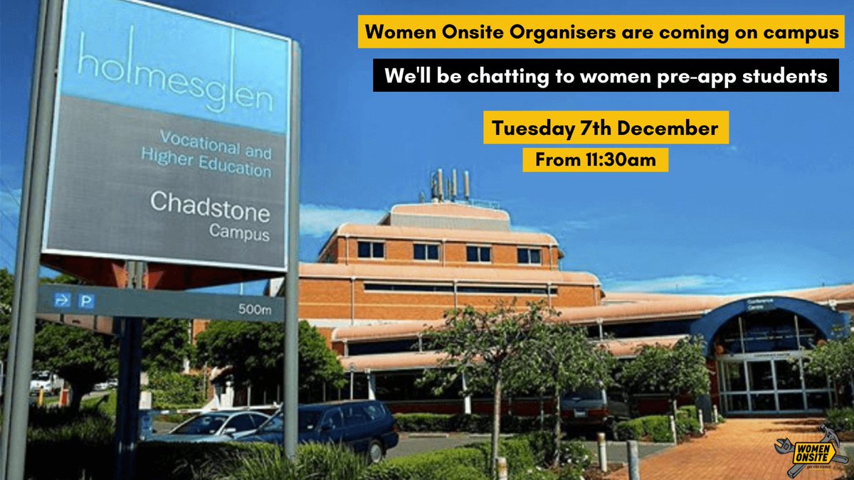 WomenOnsite's tweet photo. Women Onsite organisers are coming to @holmesglen Chadstone campus on Tuesday 7th December from 11:30am!
We are excited to meet with women enrolled in pre-apprenticeships.
#getintotrades #womenonsite #TAFE #apprenticeships #preapp https://t.co/ynCqcU0Cks