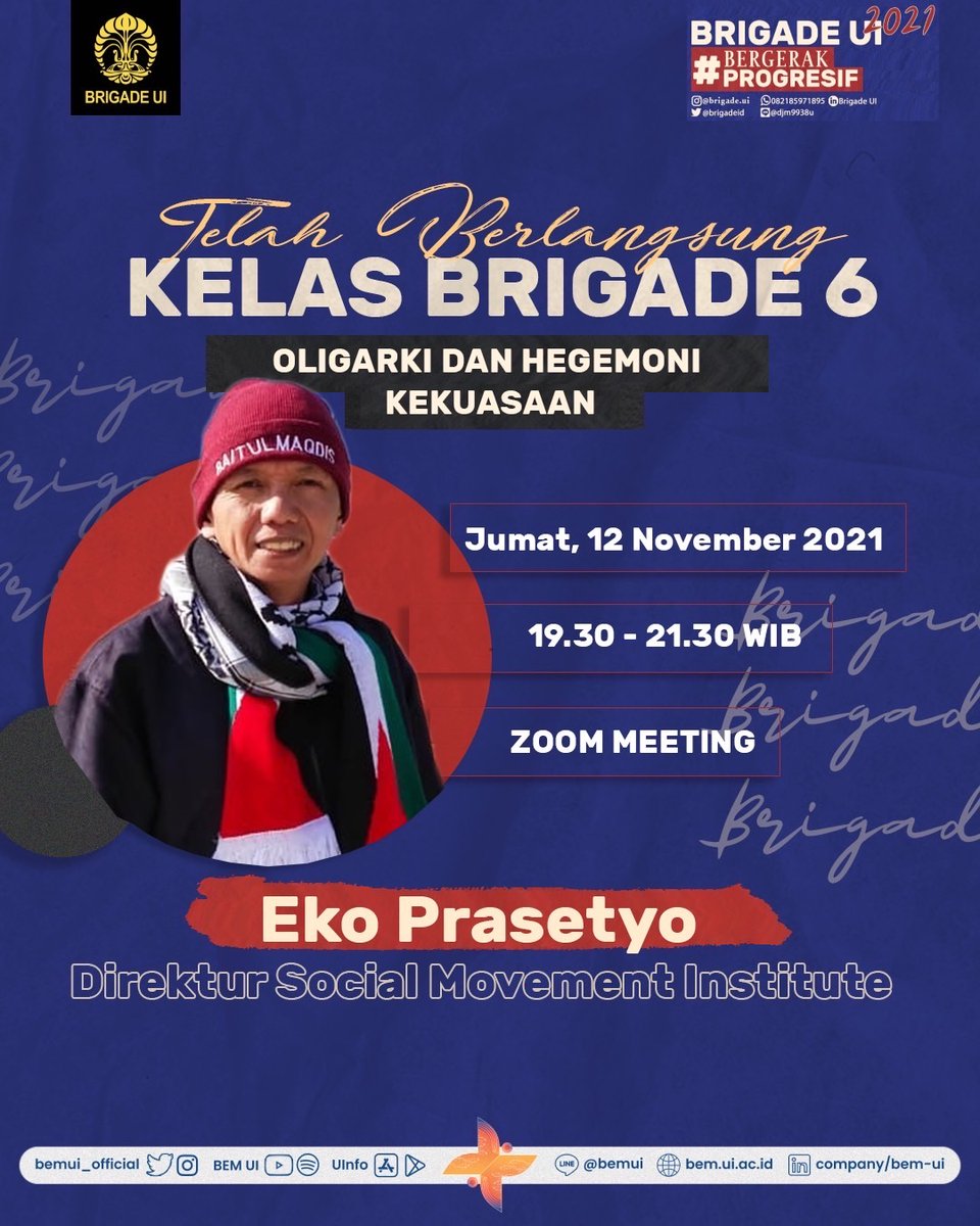 BrigadeID's tweet photo. TELAH BERLANGSUNG KELAS BRIGADE VI : Oligarki dan Hegemoni Kekuasaan

Halo, UI dan Indonesia!

Kelas Brigade 6 mengenai Oligarki dan Hegemoni Kekuasaan yang telah dibawakan oleh Eko Prasetyo yang saat ini sebagai Direktur Social Movement Institute. https://t.co/dUePbSFQ6T