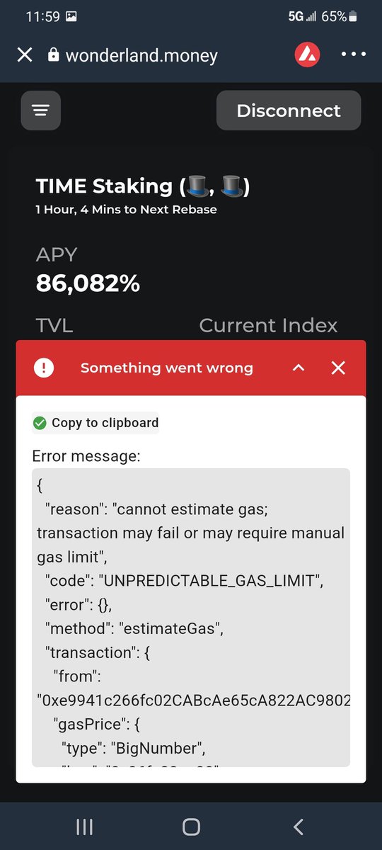 roy_none's tweet photo. @Wonderland_fi I'm getting this error message when trying to stake time on the site. https://t.co/msFgVoc5Ab