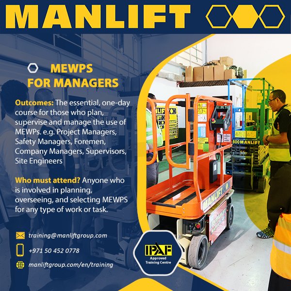 manliftgroup's tweet photo. Manlift is offering essential MEWPs for Managers at IPAF approved Training Centre.
If you are involved in planning, supervising, and managing the use of #MEWPs, sign up for the training now: https://t.co/DXp5KJ3GYi
#ManliftGroup #IPAF #safety #workatheight #MEWPsforManagers https://t.co/GDAVbNf4XN
