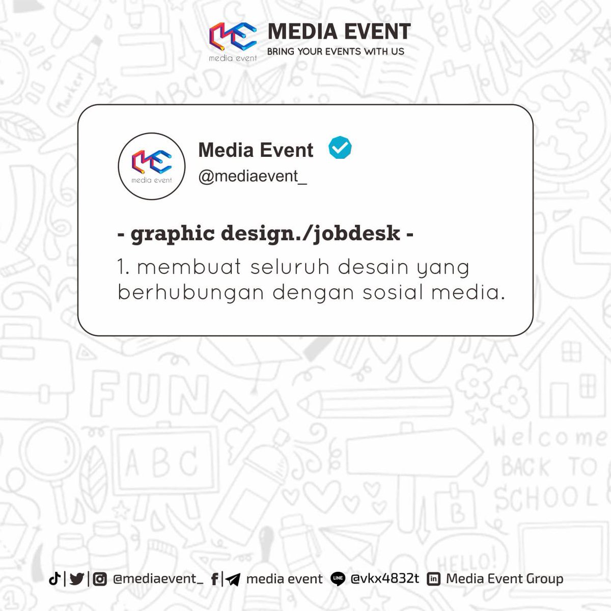 mediaevent__'s tweet photo. Follow Our social media :
Instagram : @mediaevent_ @eventmenulis_id
twitter : @mediaevent_
Line : mediaevent
telegram : media event
Facebook : Media Event / Event Menulis
#openinternship #internship #magang #magangonline #internshiponline #socialmedia #mediaevent #eventmenulisid https://t.co/9UguuxAnab