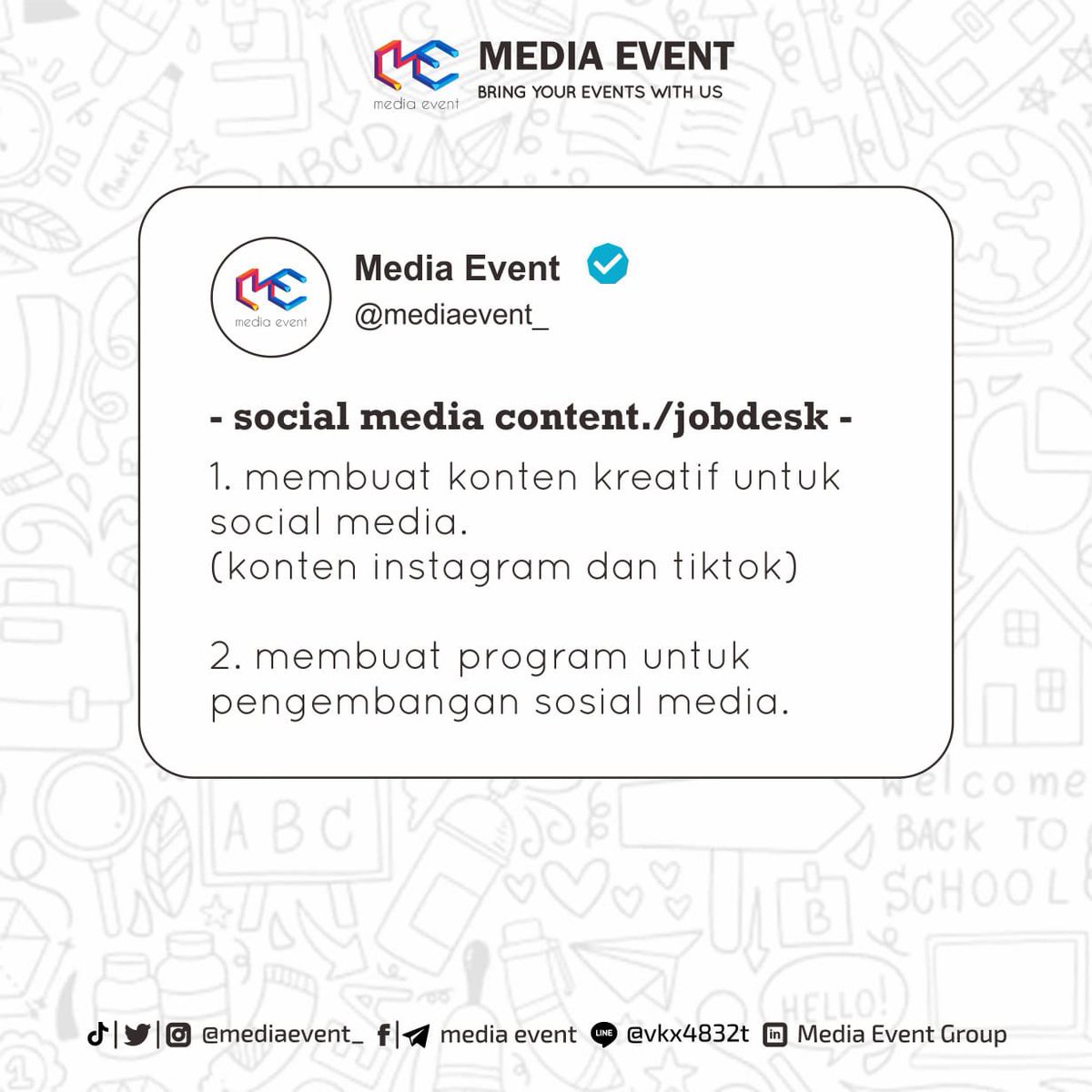 mediaevent__'s tweet photo. Follow Our social media :
Instagram : @mediaevent_ @eventmenulis_id
twitter : @mediaevent_
Line : mediaevent
telegram : media event
Facebook : Media Event / Event Menulis
#openinternship #internship #magang #magangonline #internshiponline #socialmedia #mediaevent #eventmenulisid https://t.co/9UguuxAnab