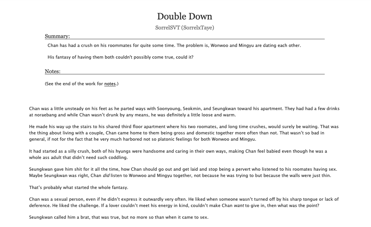 SorrelSVT's tweet photo. Double Down 🔞
#minwonchan
~6k words - Complete
Chan has had a crush on his roommates for quite some time. The problem is, Wonwoo and Mingyu are dating each other.
His fantasy of having them both couldn't possibly come true, could it?
https://t.co/qX4nld6crO https://t.co/TQuClD6hIW
