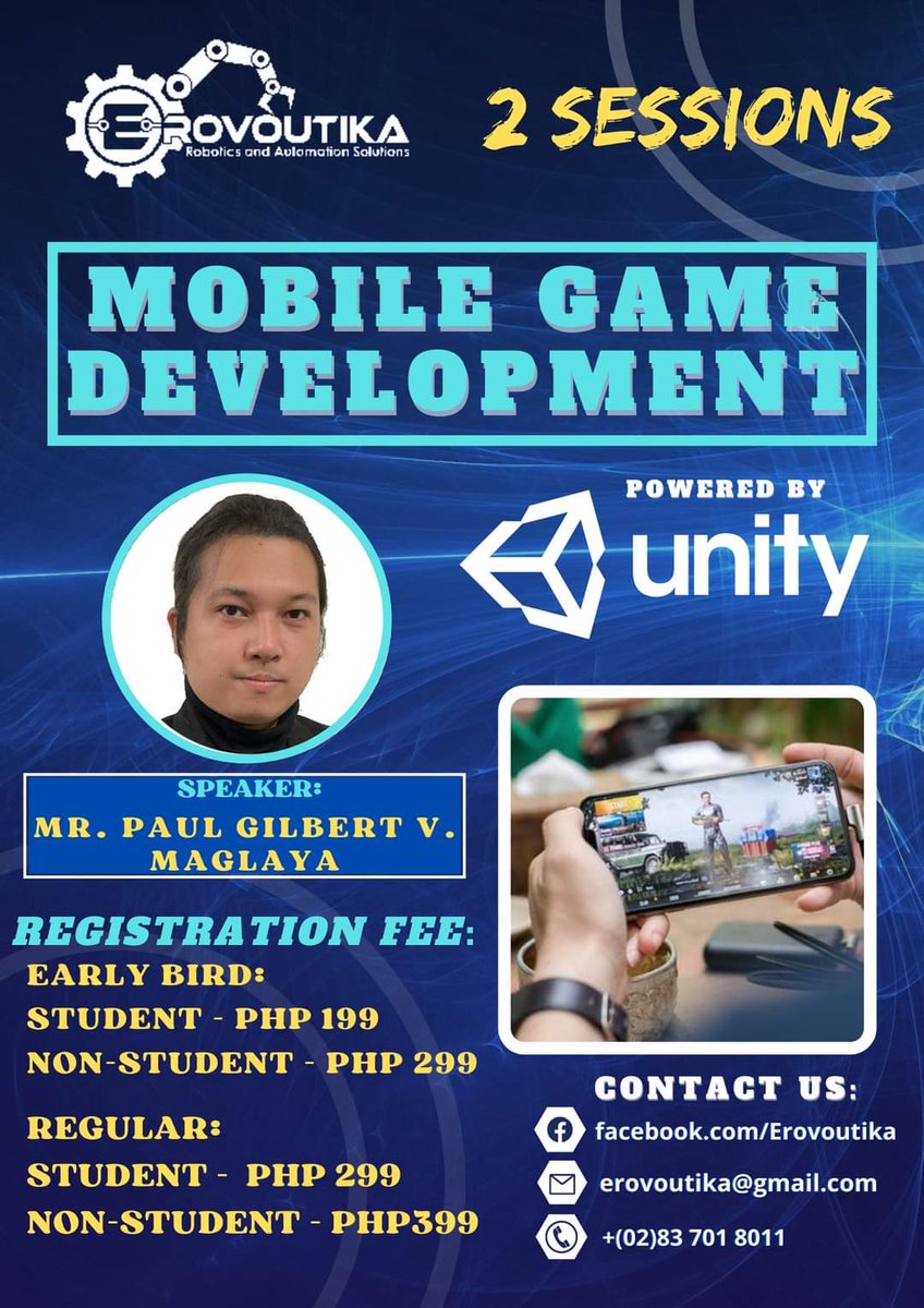 Erovoutika's tweet photo. 1*/ MOBILE GAME DEVELOPMENT ONLINE TRAINING
Date:December 11 and December 12, 2021
Time:5pm to 6pm
*We will send the recorded video and the certificate after the training.
Registration Link: https://t.co/GAcJPucpzq
#Erovoutika #techademy #mobilegames https://t.co/YqKlqNyaZx