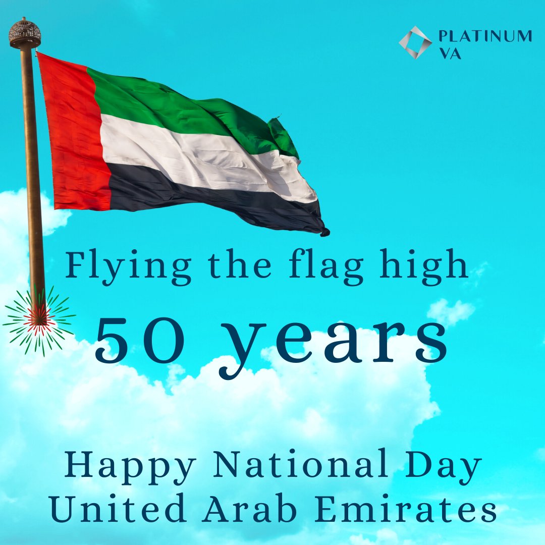 PlatinumVA's tweet photo. Flying the flag high and celebrating 50 glorious years! Happy UAE National Day!

#UAE50 #50Celebrations #HappyNationalDay #PlatinumVA #uae #uaeinstagram #uaeblogger #dubailife #uaeu #uaena #nationalday #dubai #abudhabi #ProudlyPVA #PlatinumTeam https://t.co/u1MCGV9jBc