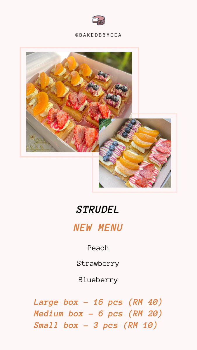 bakedbymeea's tweet photo. Here’s the price list 🥰💓

• Pickup: Sg Buloh near hospital
• Delivery: Sg Buloh, Damansara, Subang, Shah Alam or nearby area

📲 https://t.co/vfDZIQ1ZyD
 📸https://t.co/tSytmZefTw https://t.co/UDExSV5Zwo
