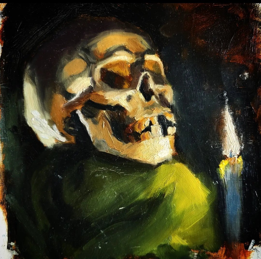 A master copy of a skull painting done by <a href="/PavelSokovArt/">Pavel Sokov</a> 
I personally love the light effect and the contrast. 
#mastercopy #skullpainting #oilpainting