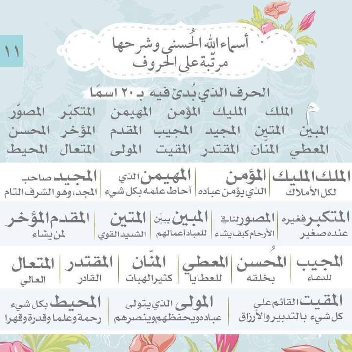 Islamiyyat's tweet photo. #سلسلة
#أسماء_الله_الحسنى
١١

أسماء الله الحسنى وشرحها مرتبة على الحروف
الحرف الذي بُدئ فيه بـ20 اسمًا:

حرف الميم:
الملك
المليك
المهيمن
المؤمن
المجيد
المتكبر
المصوّر
المتين
المتعال
المبين
المقدم
المؤخر
المجيب
المحسن
المعطي
المنّان
المقيت
المولى
المحيط
المقتدر https://t.co/6EJtXqflIU
