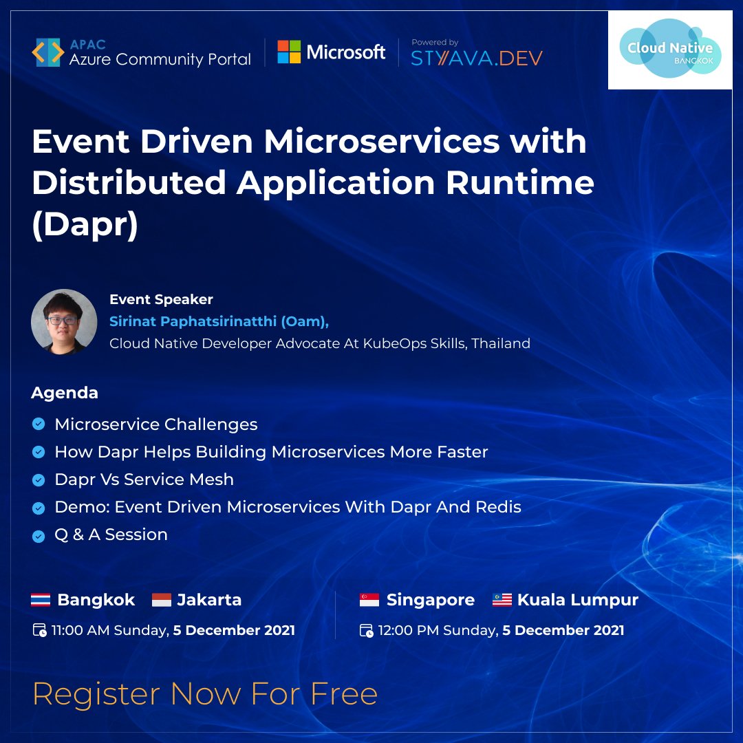 StyavaD's tweet photo. Hey folks,
Come and join us to know more about micro services with distributed application runtime (DAPR)
Date: December 5th, 2021
Time: 11:00 am ๐น๐ญ ๐ฎ๐ฉ, 12.00pm ๐ธ๐ฌ๐ฒ๐พ, 01:00 pm ๐ฐ๐ท
Register @ https://t.co/10S9s368Rr
#Azure #azuredev #azurewebinar https://t.co/gnkXaLa7Uv