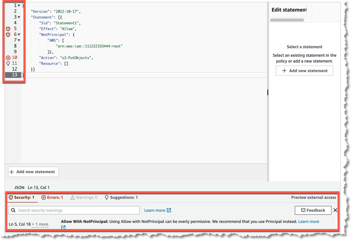 AWSIdentity's tweet photo. 🆕: IAM Access Analyzer policy checks now run automatically in the #AmazonS3 console to validate your S3 policies & report security warnings, errors & suggestions, along with actionable recommendations. https://t.co/tldBvFgMWV https://t.co/2KbCp7wcdp