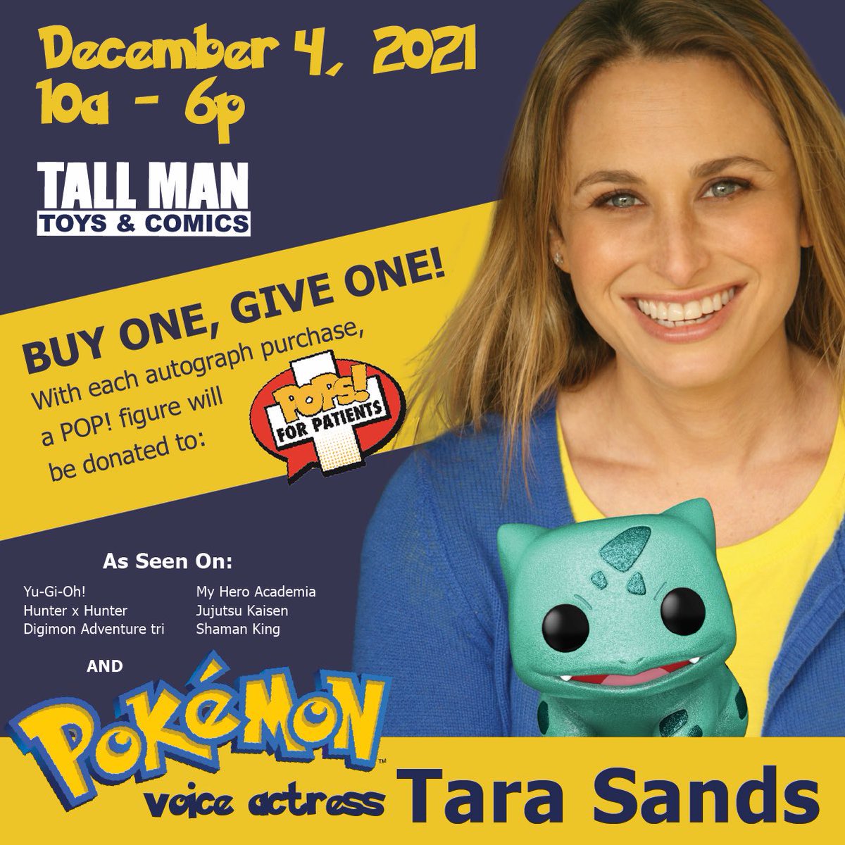 THIS SATURDAY meet @tarasandsla from 10-6! In honor of #givingtuesday with each Autograph purchase #tallmantoys will be donating in Pop to @easttnchildrens via @popsforpatients ! #getonegiveone 

tallmantoys.com/products/pokem…