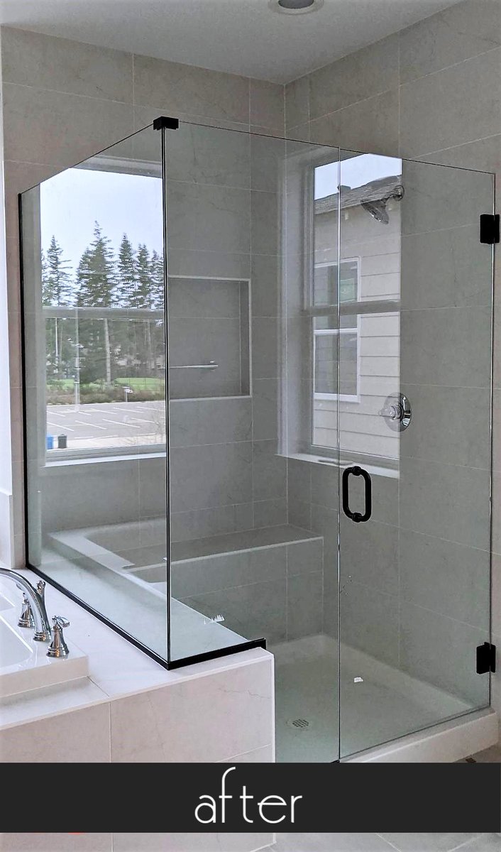 A couple Before and After shower glass door pictures! Our expert craftsmen love coming in to help complete a beautiful bathroom! #aaakartakinstalls #aaakartak #showerdoor #showerdoorinstallation #showerdoorsbyaglasscompany #beforeandafter #bathroomdesign #subcontractor